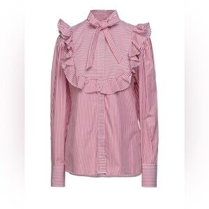 MSGM Designer Red Striped Ruffle Button Down Shirt